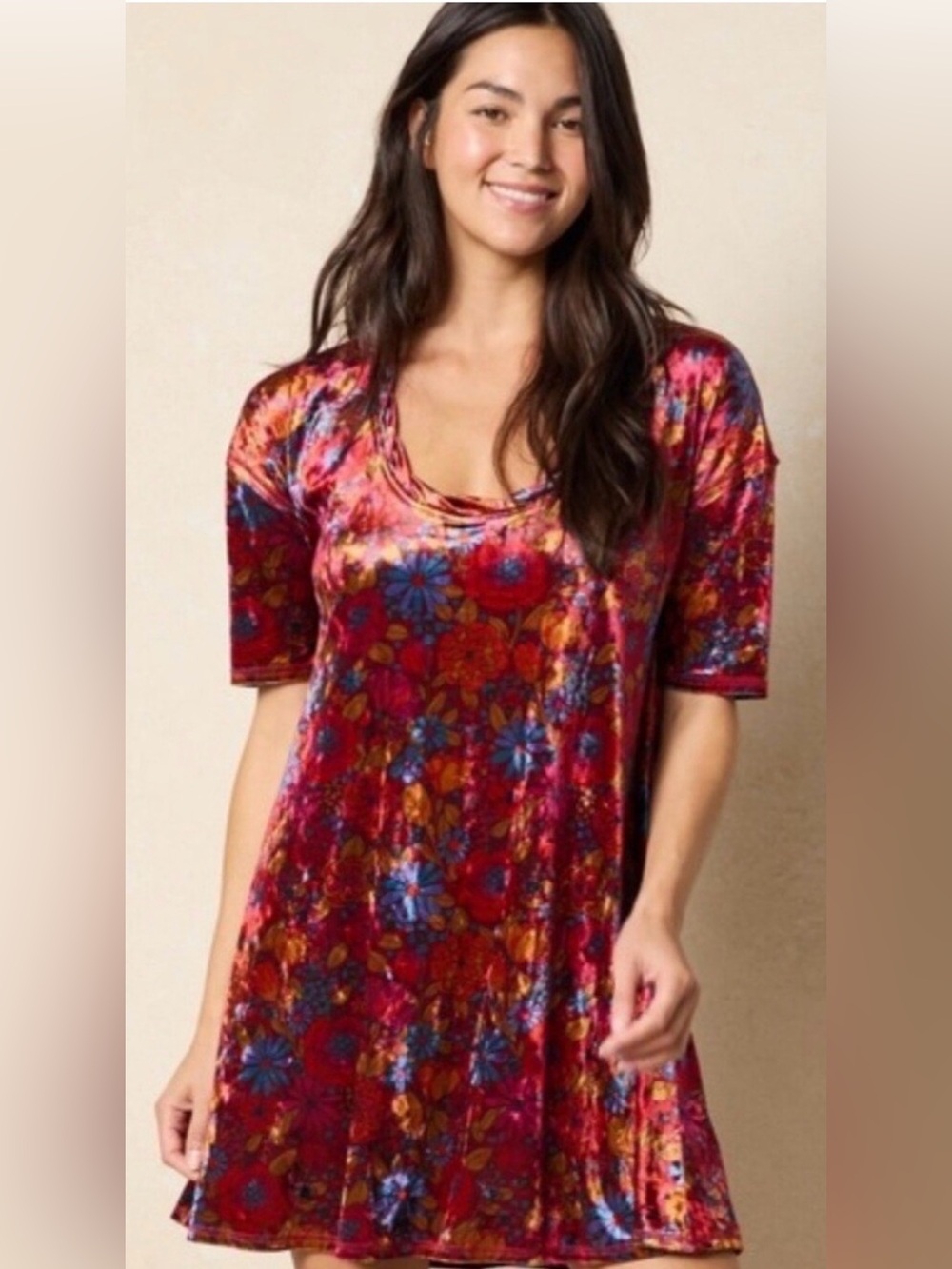 NATURAL LIFE Red Velvet Floral Scoop-Neck Tunic
